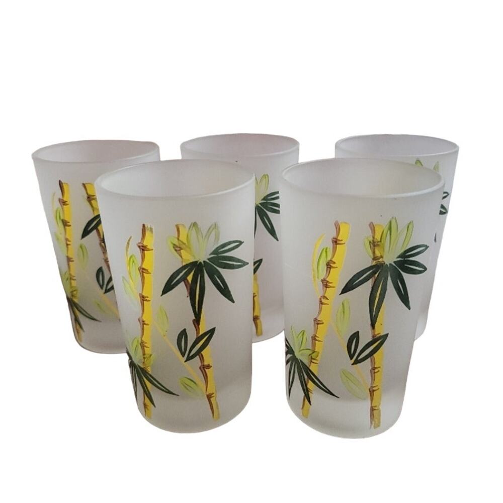 MCM Frosted‎ Glassware Set of 5 8 oz Tropical Bamboo Theme Green Yellow